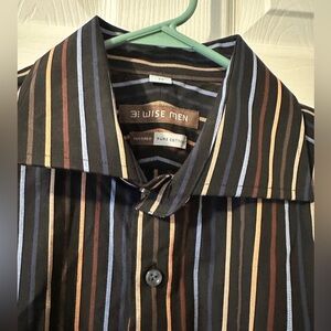 NWT 3 Wise Men Size 44 Pure Cotton Button Down Shirt Black With Multicolor Lines